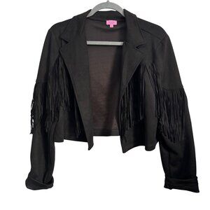 Mi Ami Black Fringe Cropped Open-Front Jacket By  Size L Womens Lightweight Poly